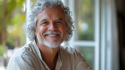 Portrait of a cheerful elderly man with silver curly hair, genuine warm smile, soft natural lighting, serene home interior setting, and an expression of wisdom and contentment.