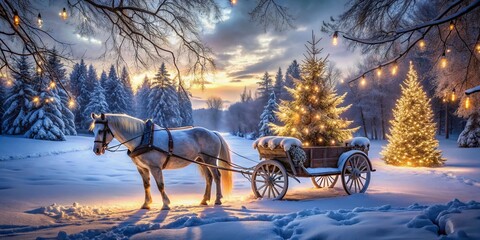 Horse Drawn Carriage Silhouette with Christmas Lights in Enchanting Winter Landscape