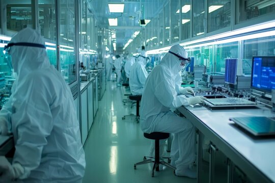 Workers in a semiconductor fabrication plant, with cleanroom suits and high-tech equipment