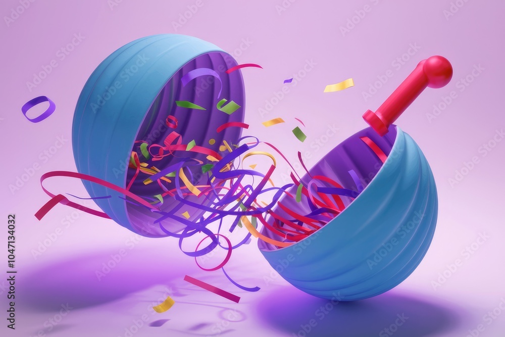 Poster a blue sphere split open revealing colorful confetti and a red handle.