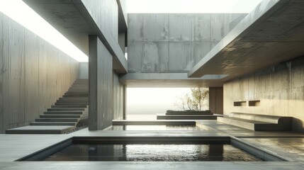 Obraz premium Minimalist Concrete Courtyard with a Pool and Small Tree