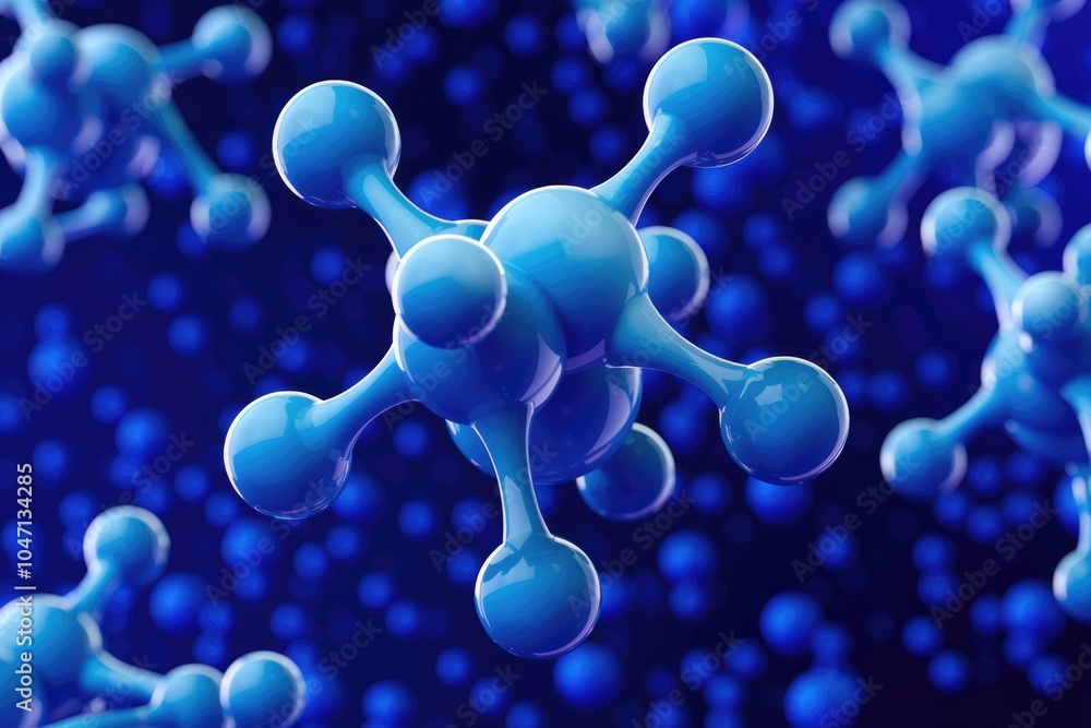 Poster 3D rendering of blue molecule with multiple bonds.