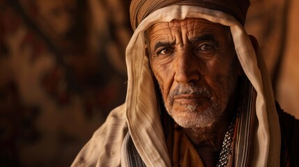 Close-up Portrait of an Elderly Man Wearing a Traditional Head Covering