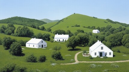 Obraz premium Rural Idyll White Houses on Lush Green Hills