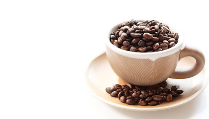 Obraz premium Coffee cup with coffee beans on side position provides copy space for text. background concept isolated white