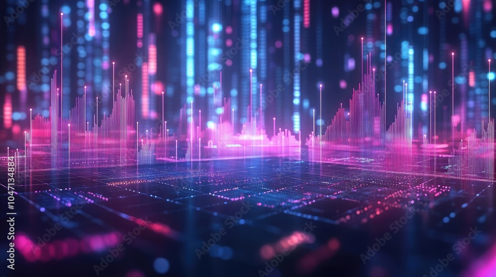 Poster abstract digital background with glowing lines and dots in purple and blue hues, representing data v