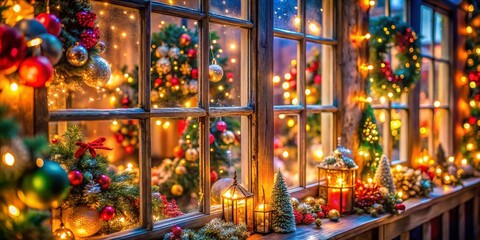 Fototapeta premium Indoor Christmas Decorations for Windows in Tilt-Shift Style - Festive Holiday Atmosphere