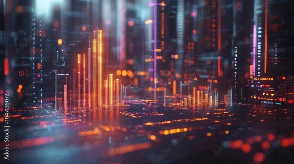 Poster abstract digital data visualization with vibrant neon colors and fluctuating bars, representing mode