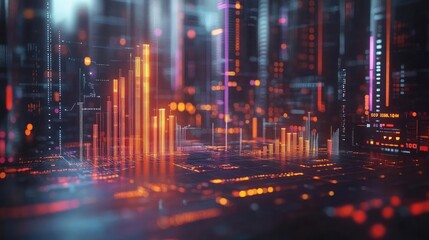 Abstract digital data visualization with vibrant neon colors and fluctuating bars, representing modern information technology.