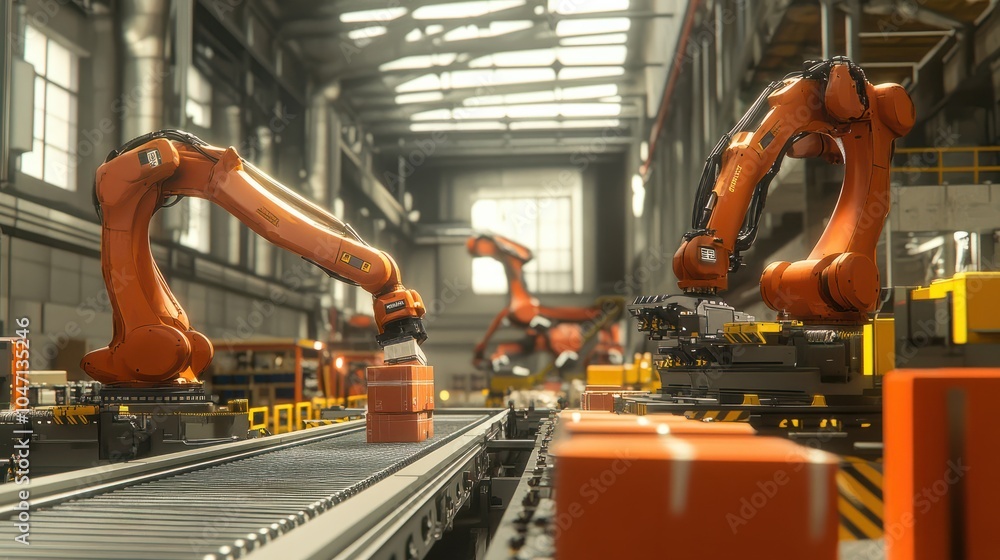 Poster automated robotic arms sorting packages on a conveyor belt in a warehouse setting, showcasing modern