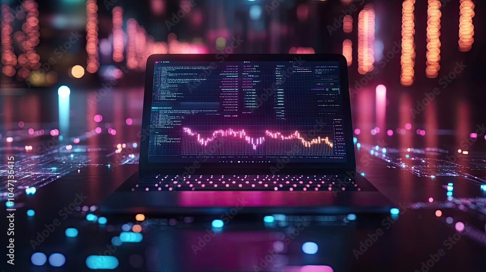 Poster a sleek laptop displaying colorful data analytics in a futuristic environment with vibrant lights.