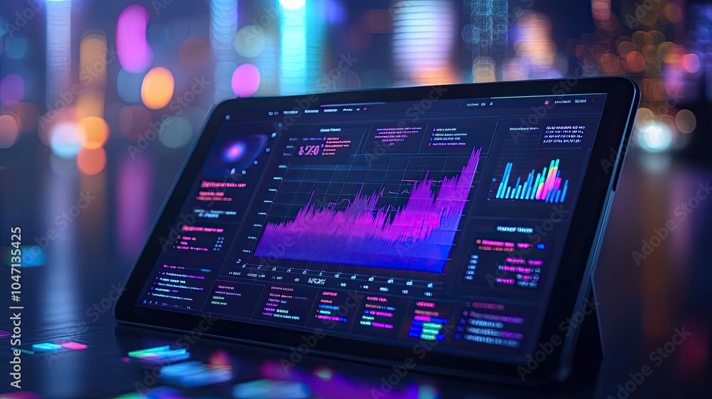 Poster a tablet displaying vibrant data analytics with colorful graphs and charts, set against a blurred ci