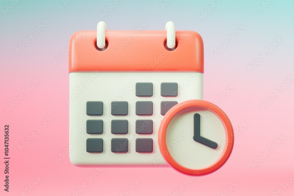 Poster A 3D calendar icon with a clock  representing time and schedule.