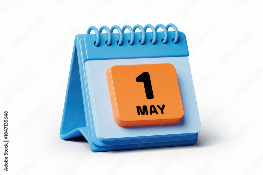 Poster a blue and orange calendar with the date may 1st highlighted.