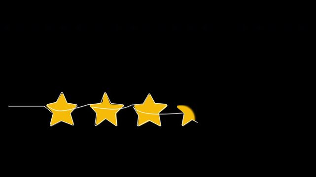 Five ranking stars self drawing animation. Yellow golden stars on black background.
