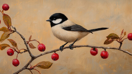 black capped chickadee perches gracefully on branch adorned with vibrant red berries, set against warm, textured background. This charming scene captures beauty of nature