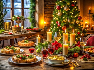 Italian Christmas Dinner Table Setting with Traditional Dishes and Festive Decor