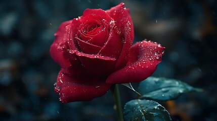 A single red rose with dew drops on its petals, standing out against a dark green background.