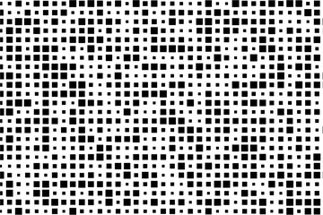 A visually striking pattern of black squares of varying sizes set against a bright white canvas.