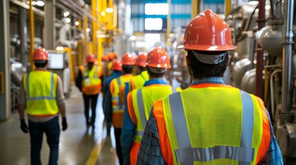 Workers practicing emergency evacuation drills in an industrial setting