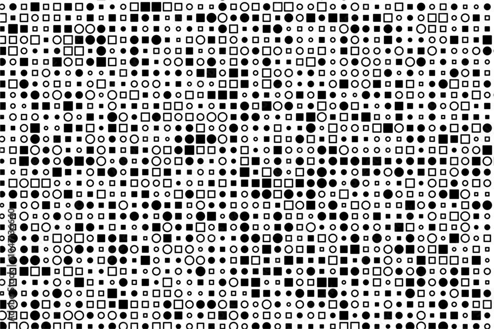 Poster Contrasting black and white shapes with randomized sizes and fill styles