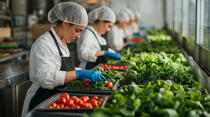 Workers processing organic produce in a sustainable agriculture facility