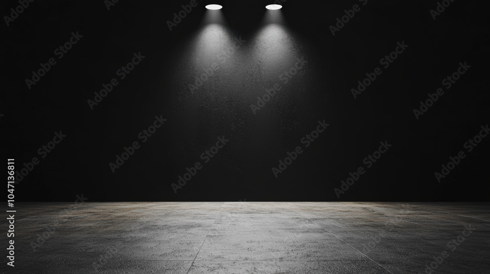 Poster minimalistic empty space featuring dark concrete wall and floor illuminated by two spotlights, creat