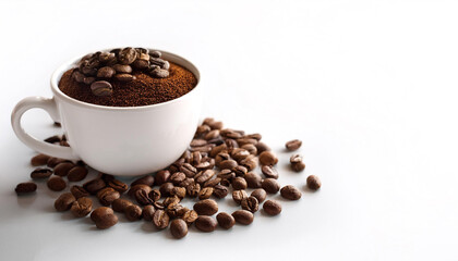 Obraz premium Coffee cup with coffee beans on side position provides copy space for text. background concept isolated white