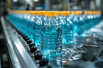 Closeup of a Water Bottle on a Conveyor Belt with Ripples
