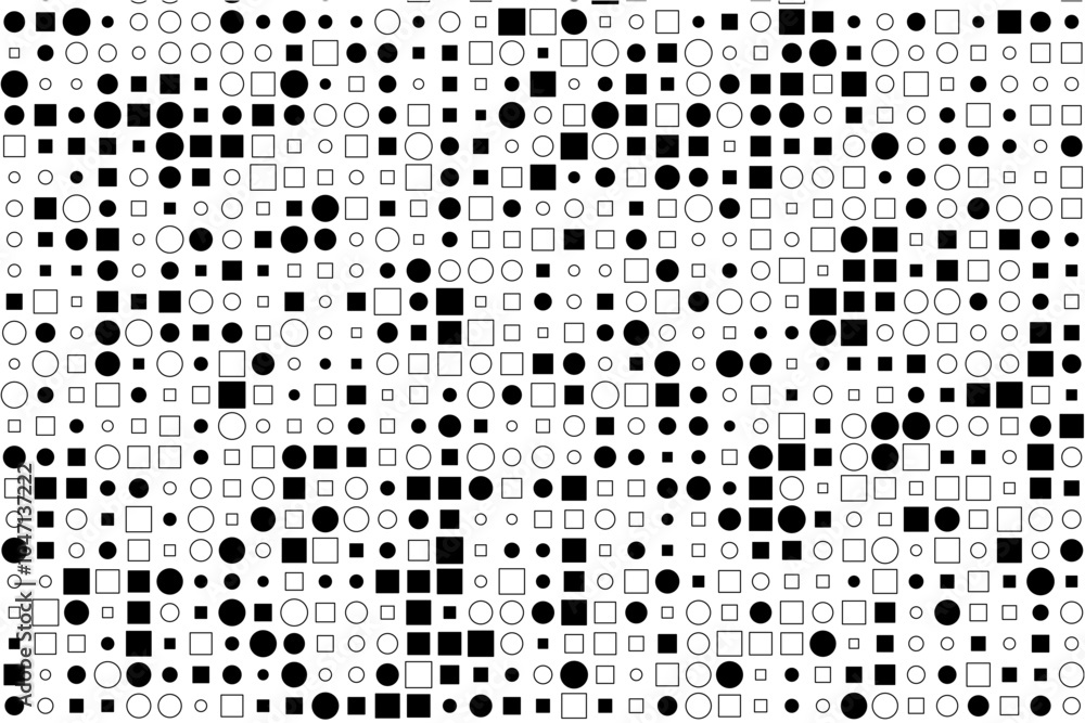 Poster contrasting black and white shapes with randomized sizes and fill styles