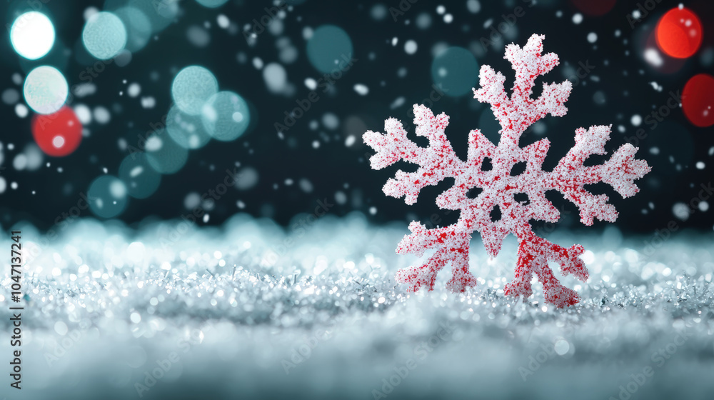 Poster beautiful snowflake stands out against sparkling winter background filled with soft bokeh lights and