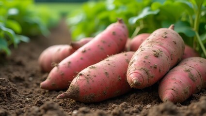 Freshly harvested sweet potatoes with reddish brown skin dirt covered set against a field backdrop