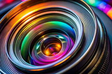Fototapeta premium A vibrant close-up of a camera lens with colorful refractions and metallic textures, showcasing intricate details and light play.
