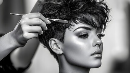 Close up of a skilled hairstylist creating a stylish and sharp pixie haircut for a client showcasing their professional expertise and transformative in the salon setting