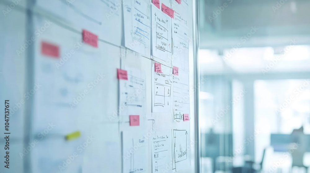 Poster brainstorming session with sticky notes and documents
