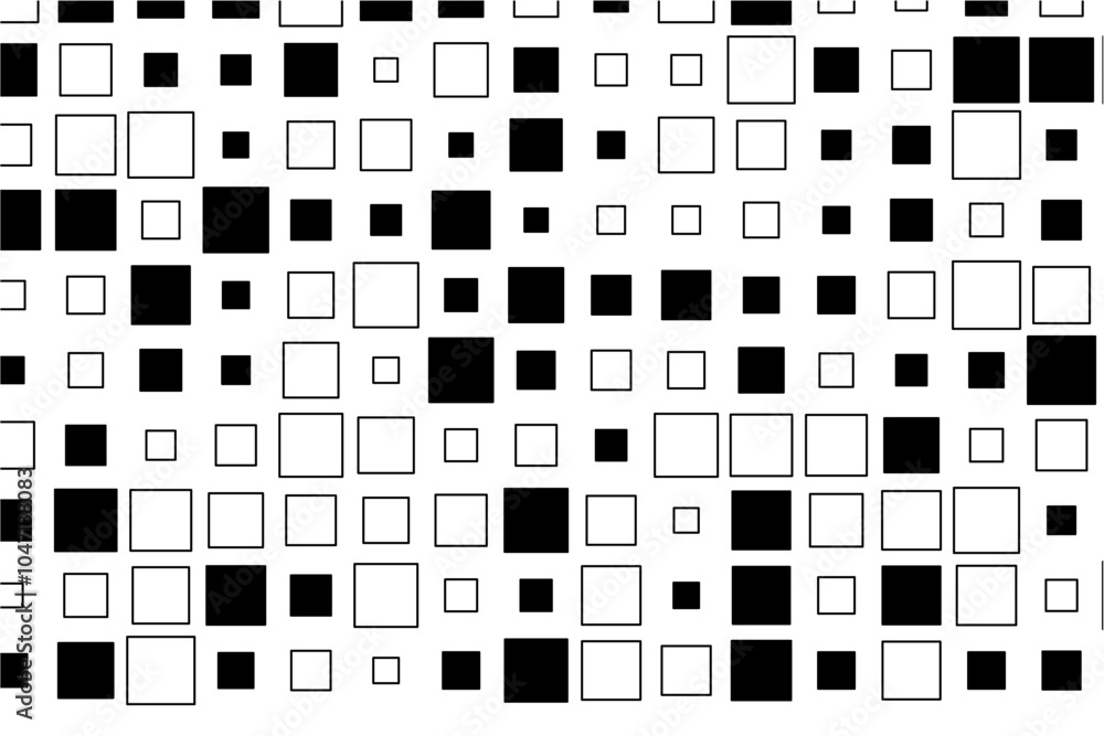 Aufkleber abstract design showcasing a rhythmic arrangement of black squares in diverse sizes across a white s