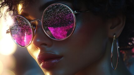frau, sonnenbrille, disco, balls, kugel, neu, close up, future, dusk, farbe, model, hairs, friseur, schÃ¶nheit, glas, haar, gesicht, leitbild, make-up, kosmetik, futuristisch, luxus, photo, art, cybe