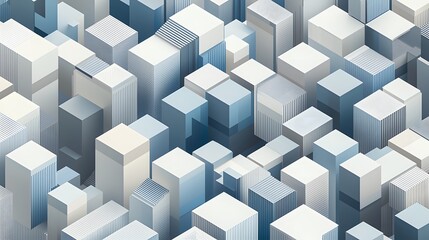 The urban landscape displays a variety of geometric structures towering over one another, illustrating modern architecture's intricate designs in a bustling city.