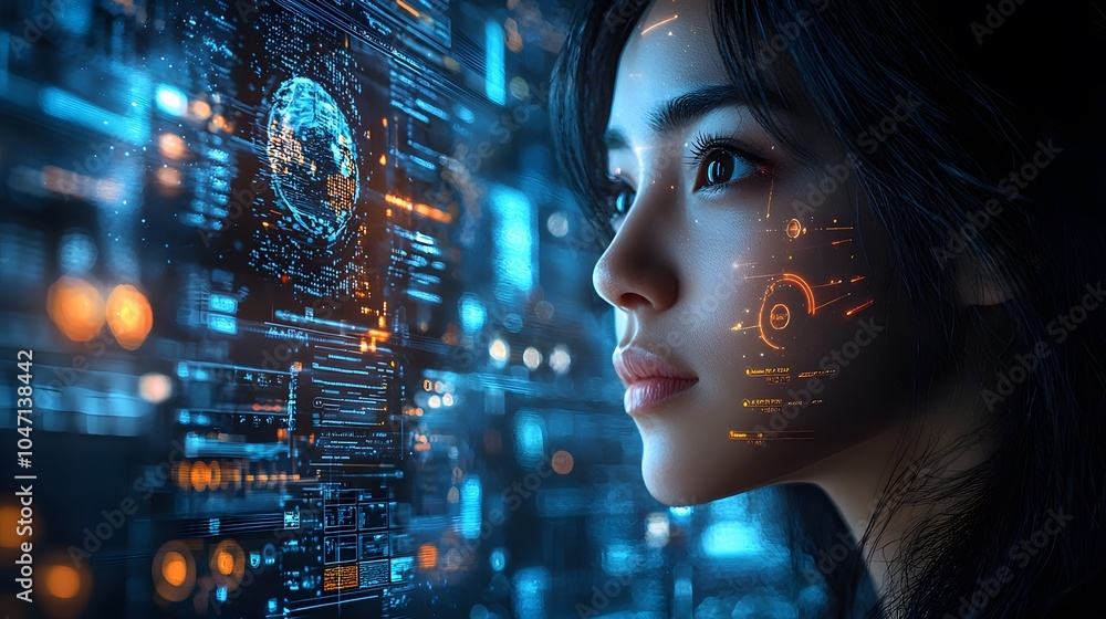 Aufkleber a woman gazes intently at holographic data displays in a high-tech setting, surrounded by glowing in
