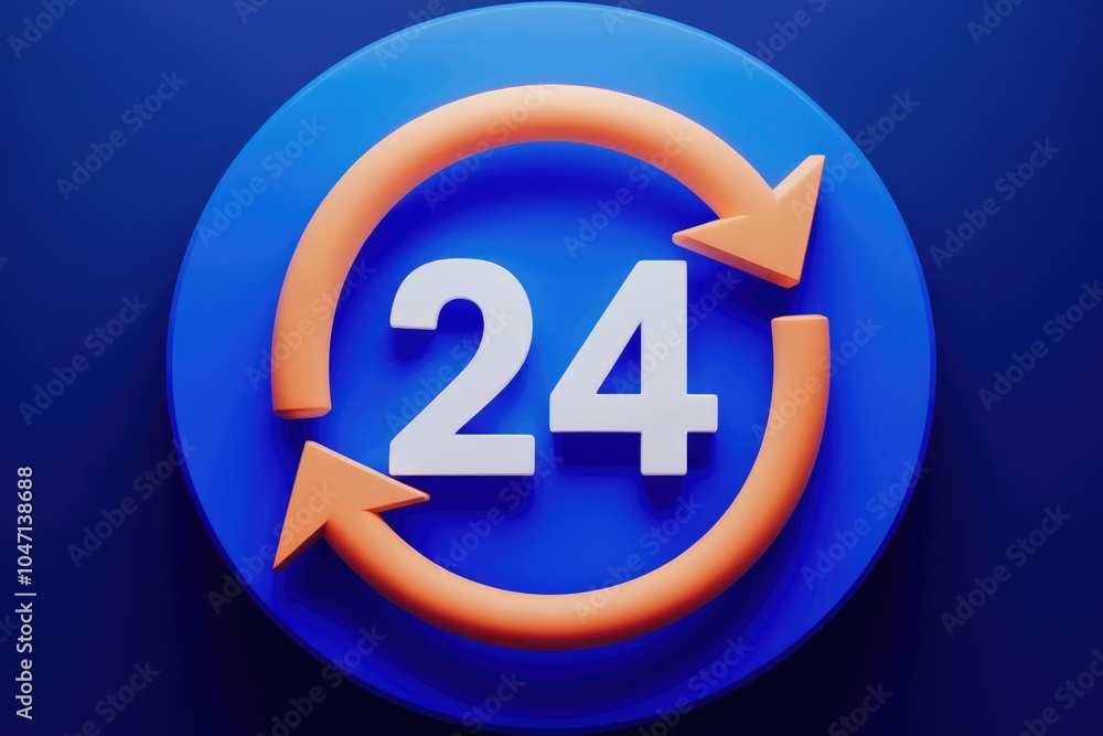 Fototapete A 3D rendering of a blue circle with a white 24 and two orange arrows rotating.