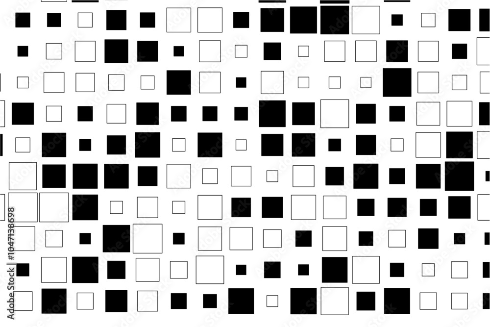 Aufkleber abstract design showcasing a rhythmic arrangement of black squares in diverse sizes across a white s