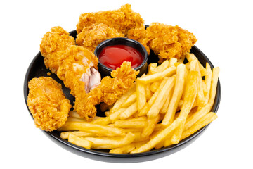 Crispy fried chicken with golden French fries served in a black bowl, perfect for a hearty meal at...
