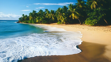 Obraz premium Tropical Beach with Palm Trees and Gentle Waves
