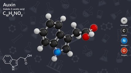 Molecule: Auxin or Indole-3-acetic acid. Plant hormone. Molecular structure. Formula: C10H9NO2. Chemical model: Ball and stick. Dark background. 3D illustration.