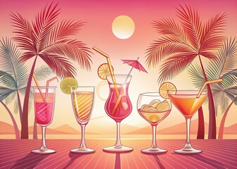 Long Exposure Cocktail Glasses Holiday Theme in Line Style on Pink Background for Vacation Vibes