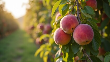 Fototapeta premium Ripe peaches on trees in a sunlit orchard