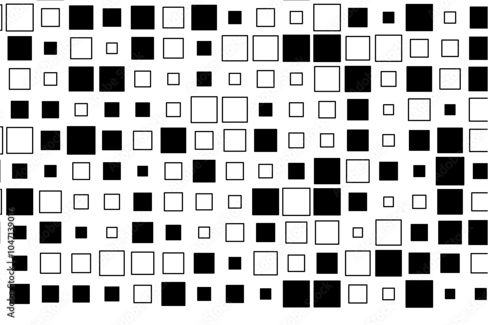 Aufkleber abstract design showcasing a rhythmic arrangement of black squares in diverse sizes across a white s