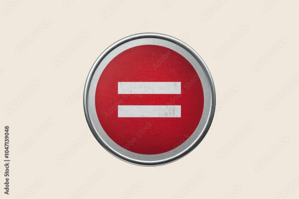 Poster a red circle with a silver border and two white horizontal lines.