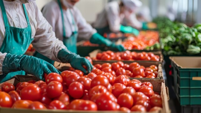 Workers sorting fresh produce in an industrial food processing facility