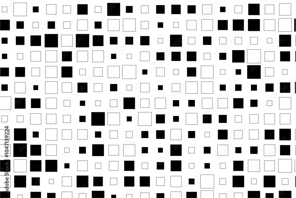 Aufkleber abstract design showcasing a rhythmic arrangement of black squares in diverse sizes across a white s